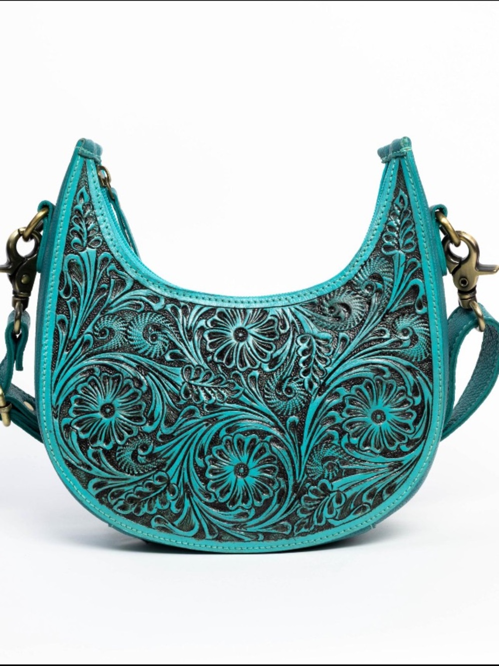American Bison Turquoise Half Moon Western Bag Floral Filigree Leather Crossbody